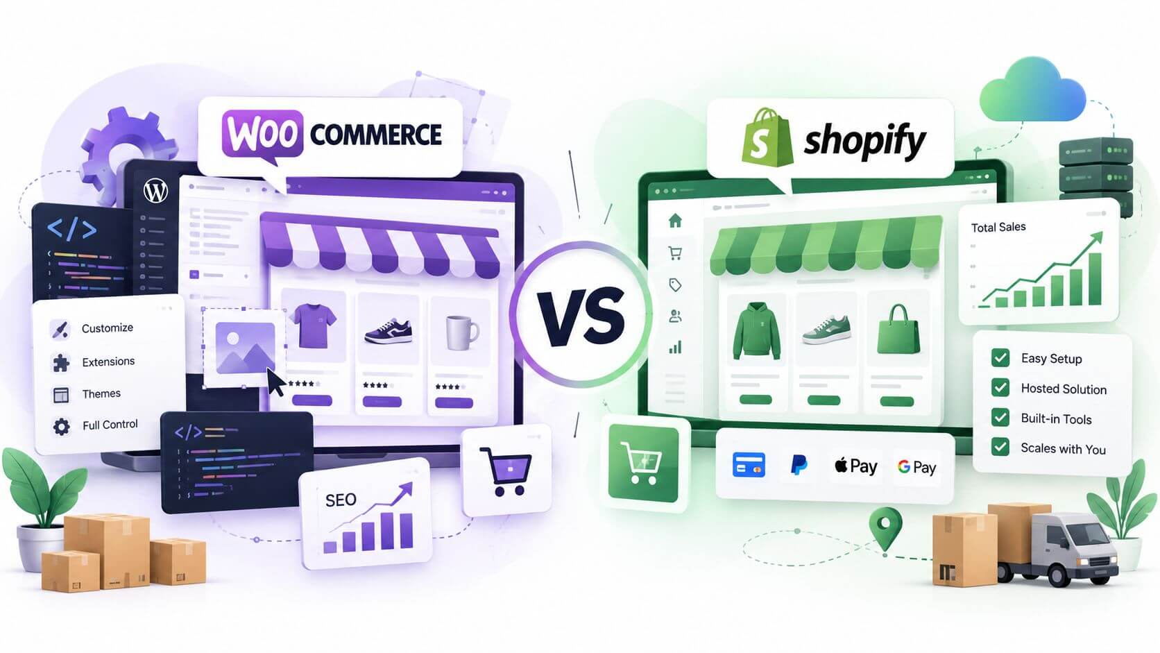 WooCommerce vs Shopify comparison graphic showing customizable WooCommerce tools on the left and Shopify’s hosted ecommerce features, analytics, payments, and shipping tools on the right.
